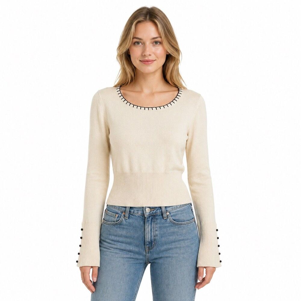 MILLY Women’s Cashmere Silk Cream Whip Stitch Sweater Size Medium Long Sleeves